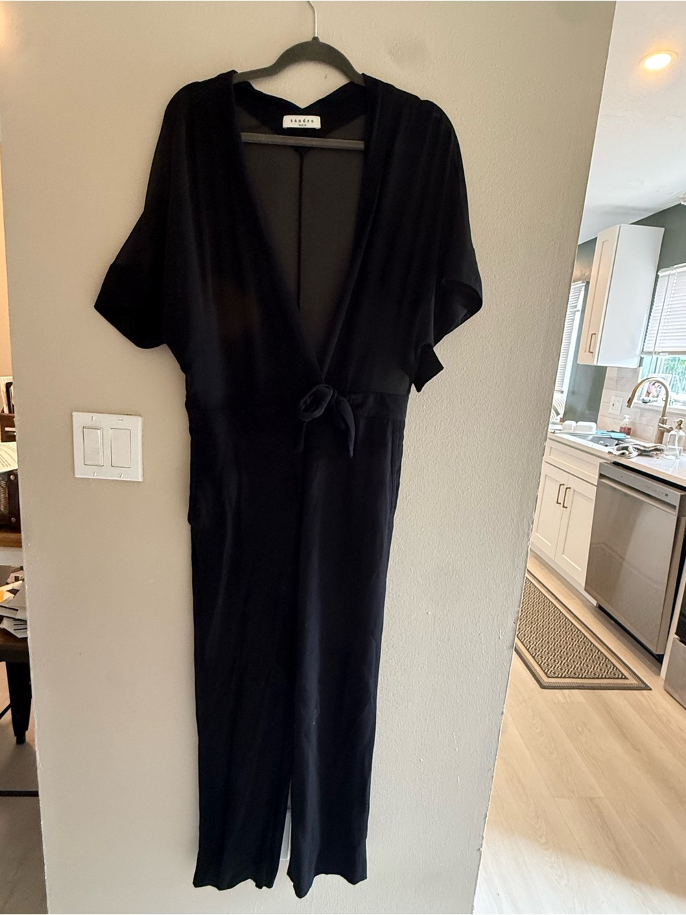 Sandro Designer Black One-Shoulder Jumpsuit with Tie Waist